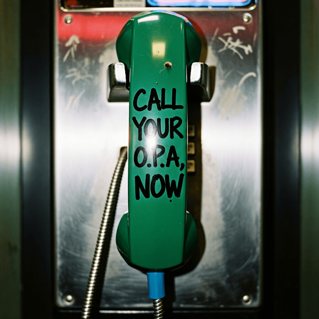 Call your O.P.A. now — grüner Telefonhörer